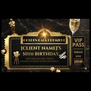Golden Hollywood Movie Ticket Invitations 8x4 inches customizable VIP pass