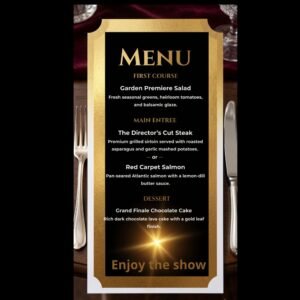 Elegant Hollywood Party menu card template in black and gold with movie theme.