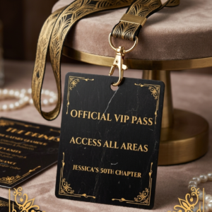 Customizable Gatsby VIP pass badge with gold art deco frame on black marble, 3x4 inch size for party lanyards.
