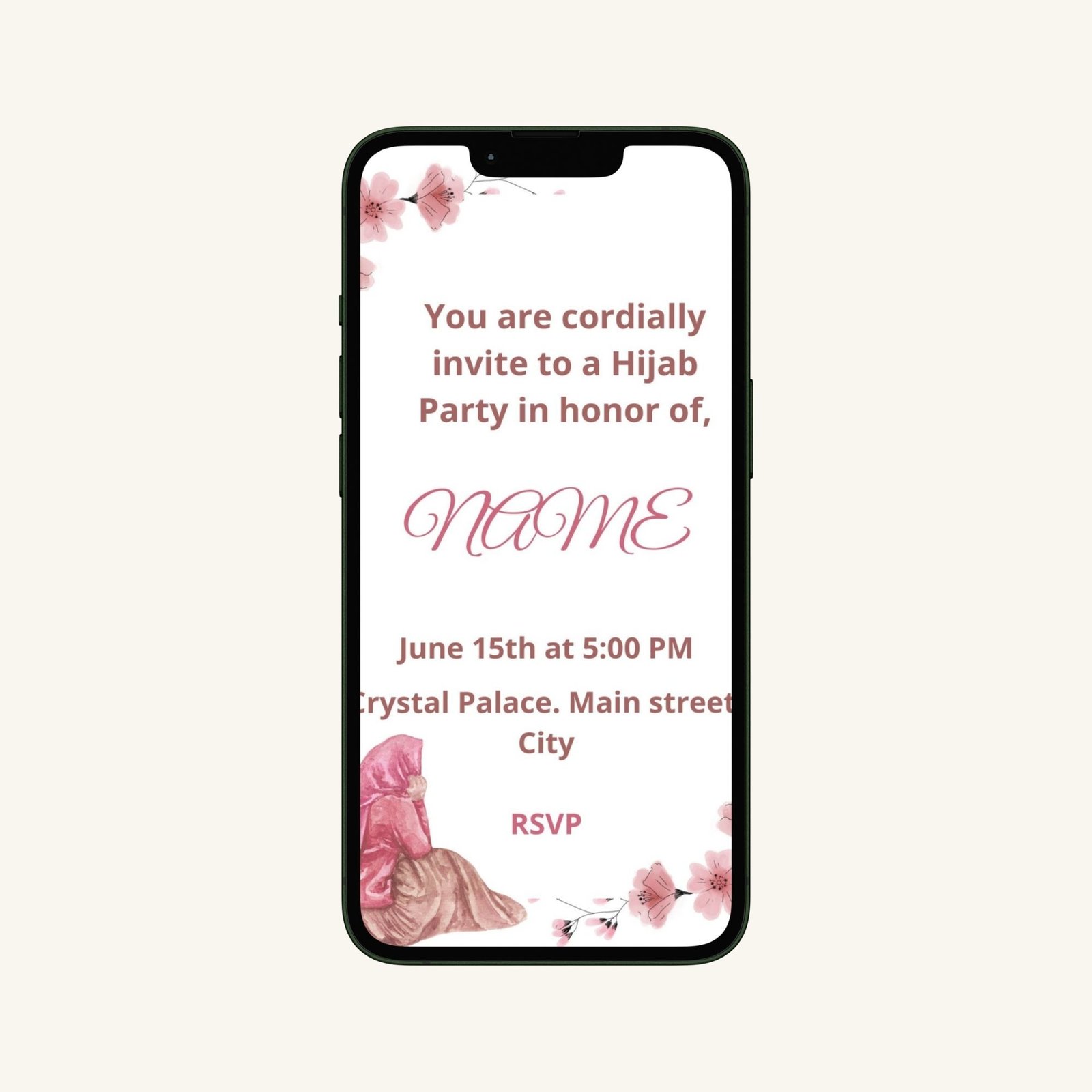 Custom Hijab Party Video Invitation for mobile sharing, personalized digital invite for modest celebrations.